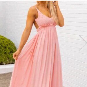 Pink Lily "Once in a Lifetime"‎ Backless Crochet Top Maxi Dress Pink Stretch S